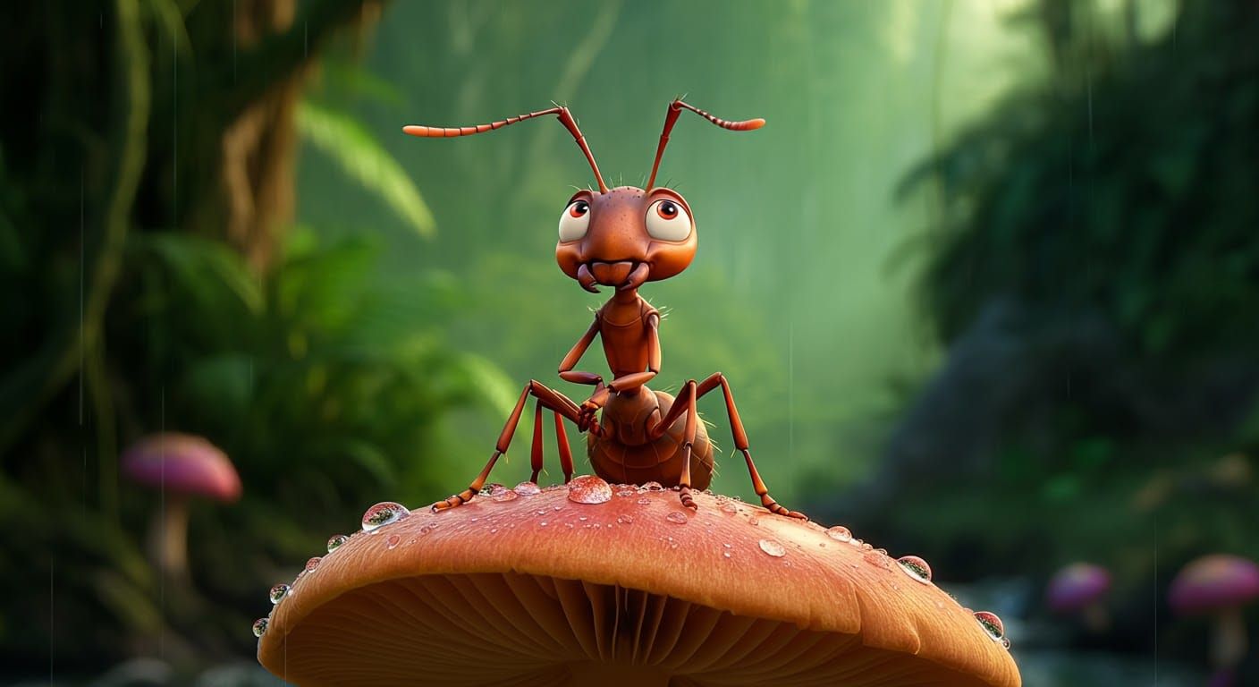 Ant on Mushroom in 3D Rendered Macro
