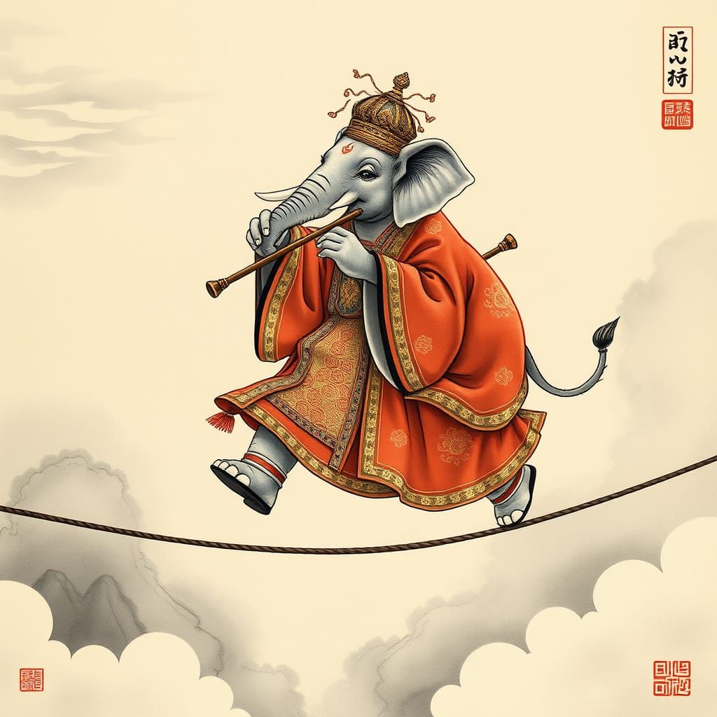 Ethereal Elephant on Tightrope, Ming Dynasty-Inspired