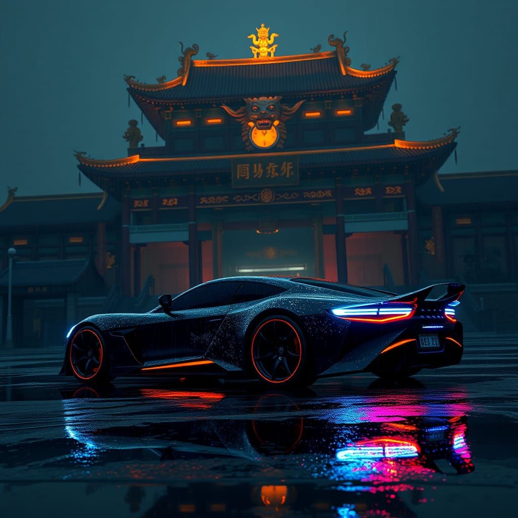 High-Tech Car at Ancient Chinese Temple in Photorealistic St...