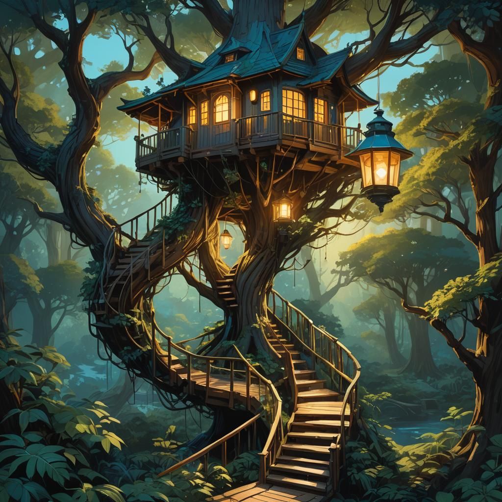 Glowing Treehouse Fantasy Concept Art