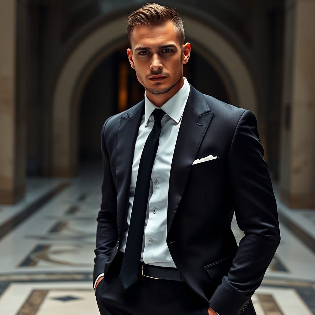 A handsome  man wearing Versace mens suit with a beautiful p...