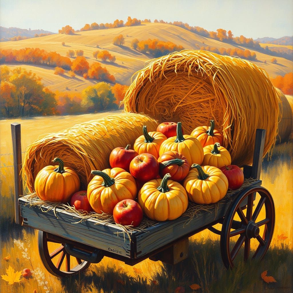 Vibrant Autumn Harvest Scene with Hay Bales and Pumpkins