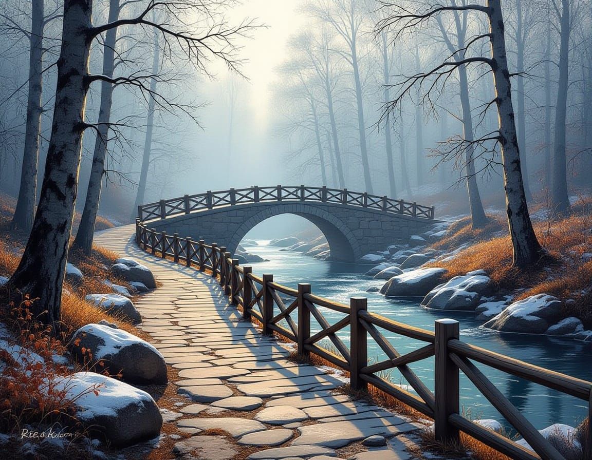 Misty Winter Forest Pathway with Stone Bridge
