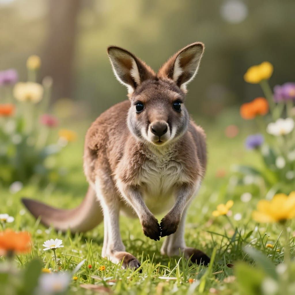 Hyperrealistic Baby Kangaroo Playing in a Sunlit Garden