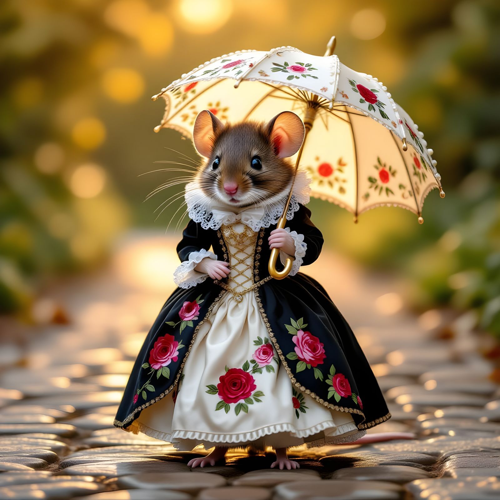 Victorian Mouse on Cobblestone Path in Golden Light