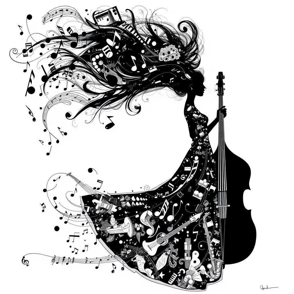 Silhouette of a Girl Holding Double Bass