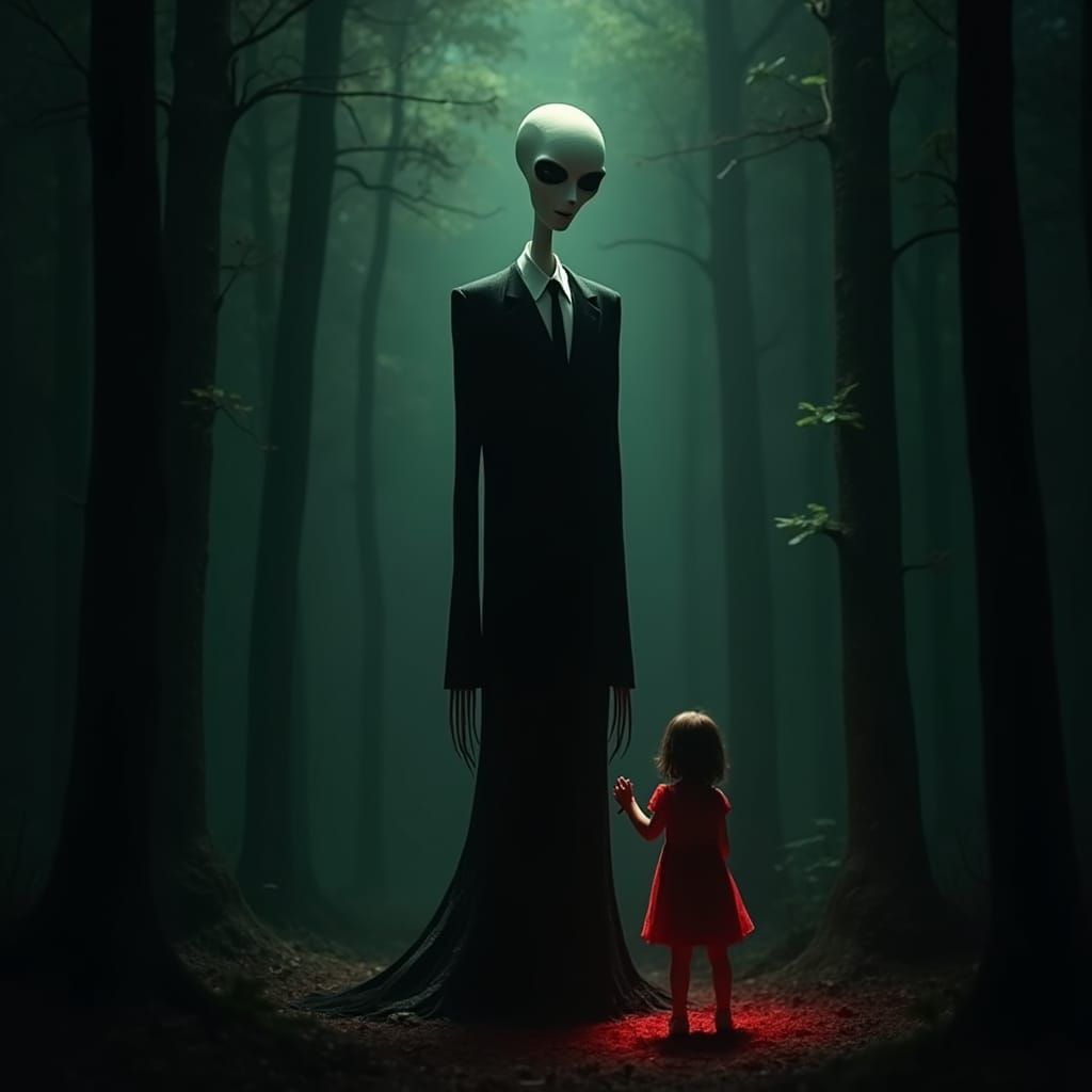 Eerie Slenderman Encounter in a Red and Green Forest