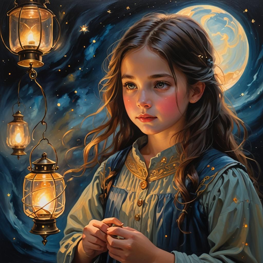Girl with Lantern: Whimsical Oil Painting