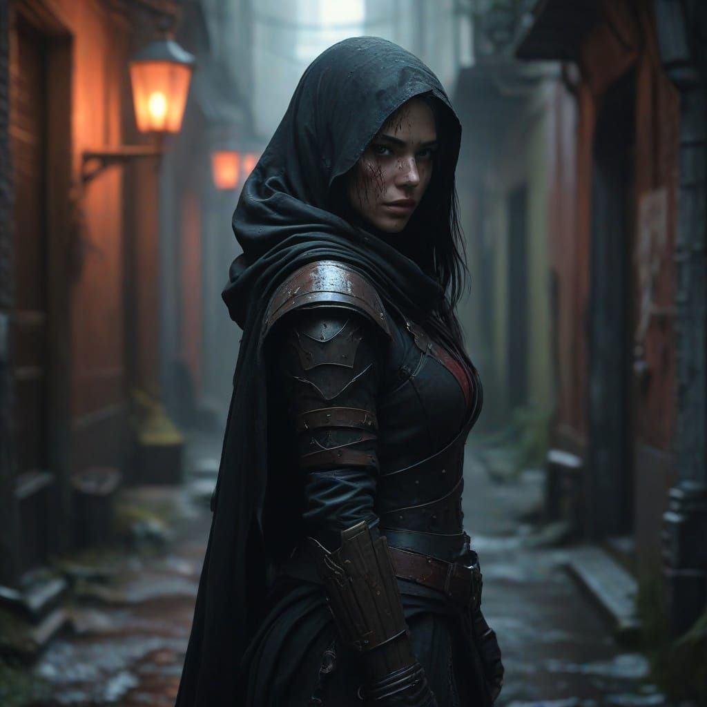 Dark Fantasy Assassin in Ominous Alleyway