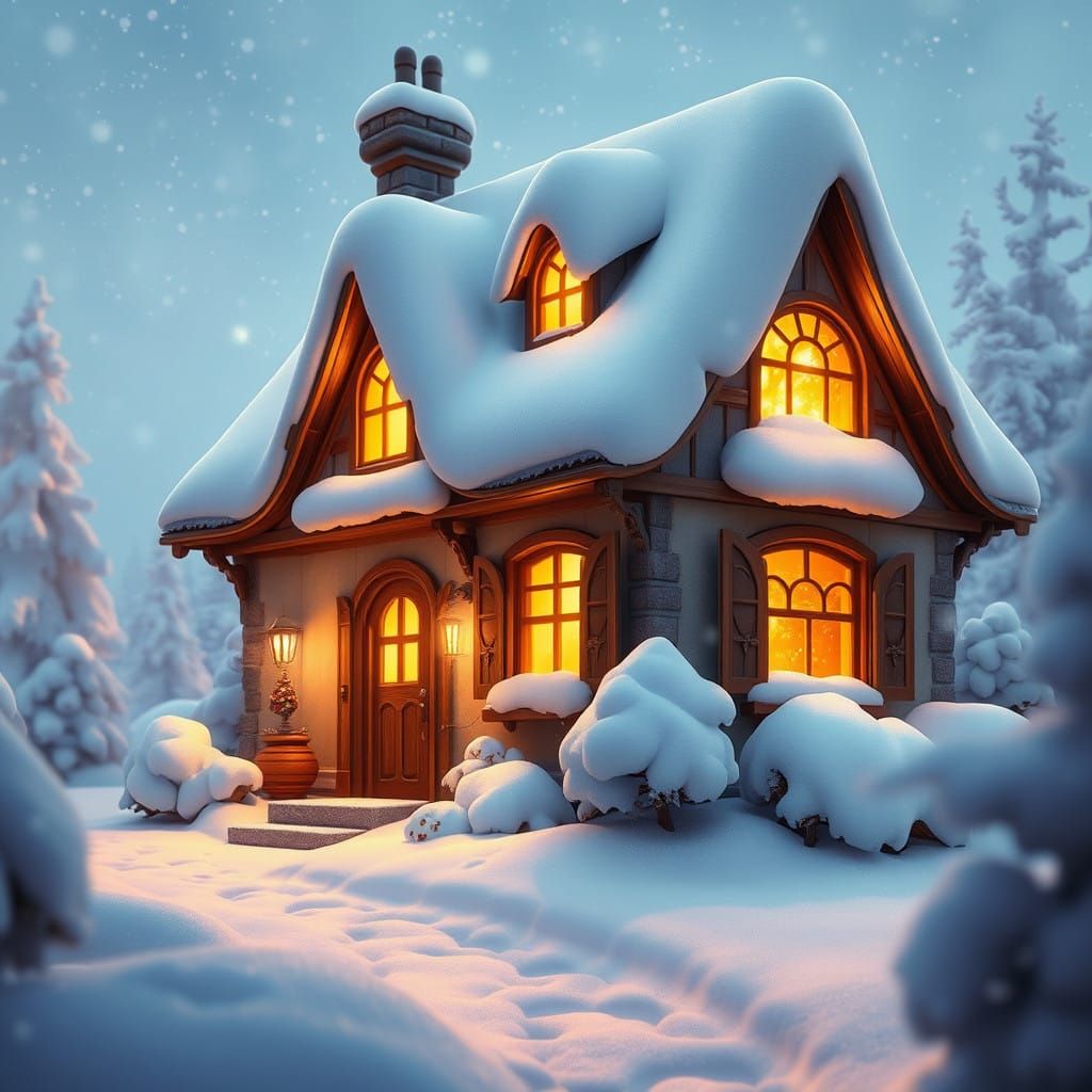 Snowy Cottage Radiates Warm, Golden Light in Whimsical Winte...