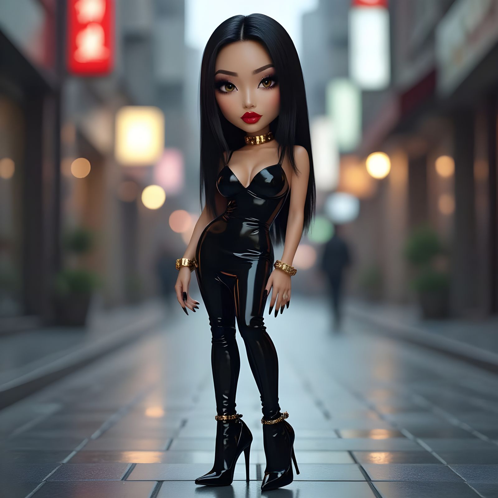 Asian Beauty in Black Latex Outfit with Golden Accents
