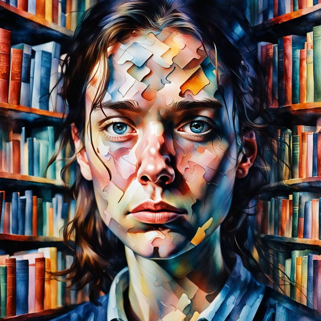 Surreal Portrait in Chaotic Library with Vivid Colors
