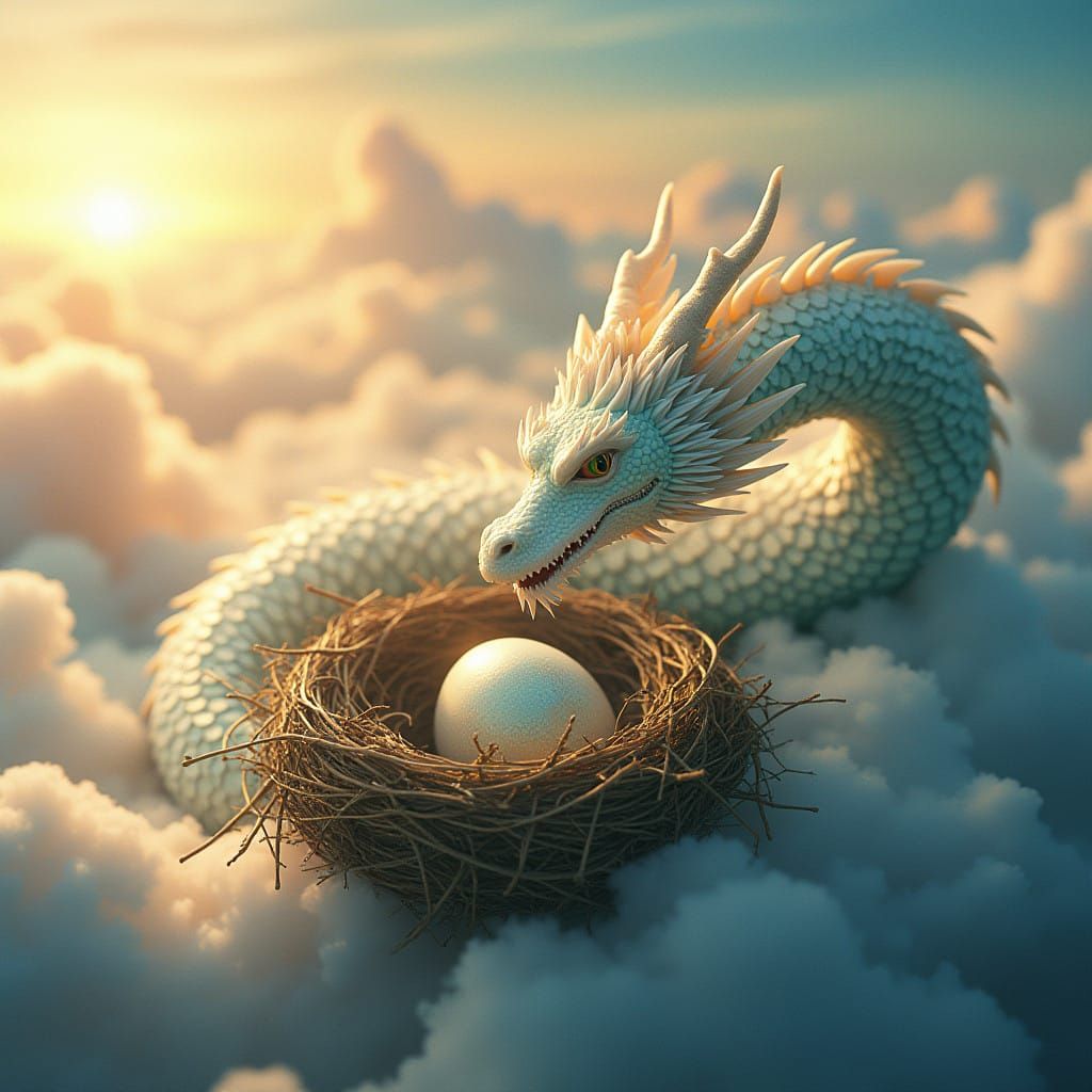Majestic White Japanese Dragon Guards Precious Egg
