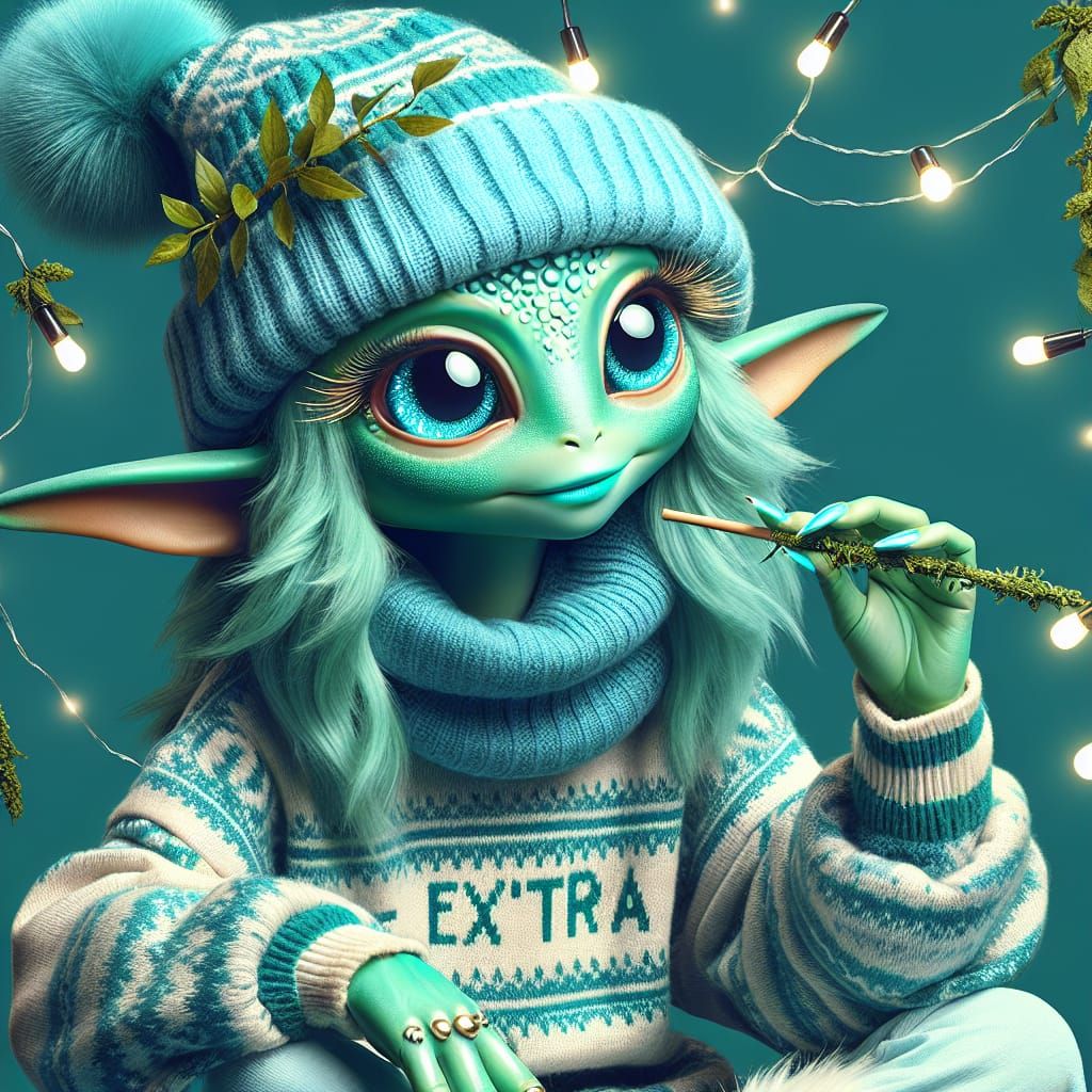 Whimsical Green Character in Winter Attire
