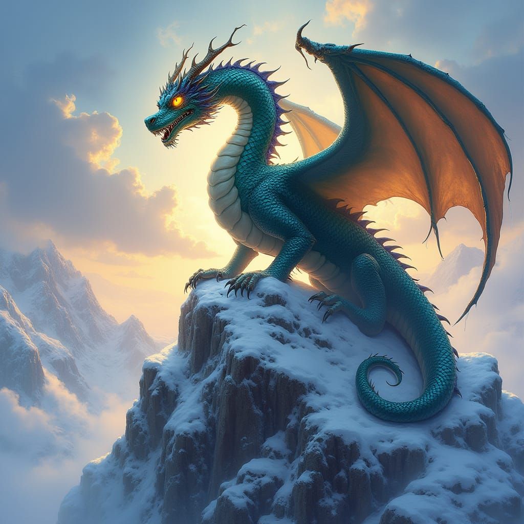 Ethereal Dragon on Snowy Mountain Peak in Iridescent Scales