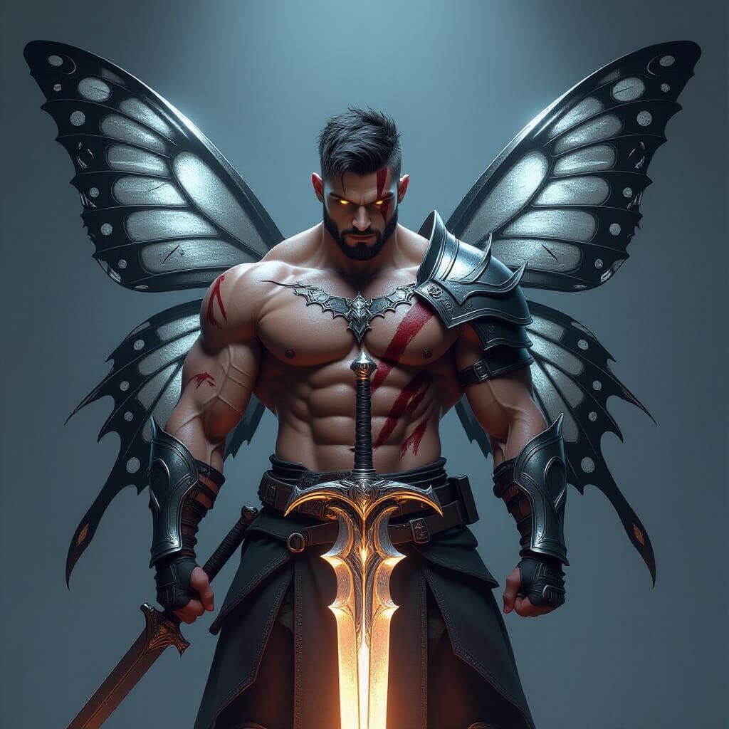 Warrior Fused With Butterfly in Dark Fantasy Style