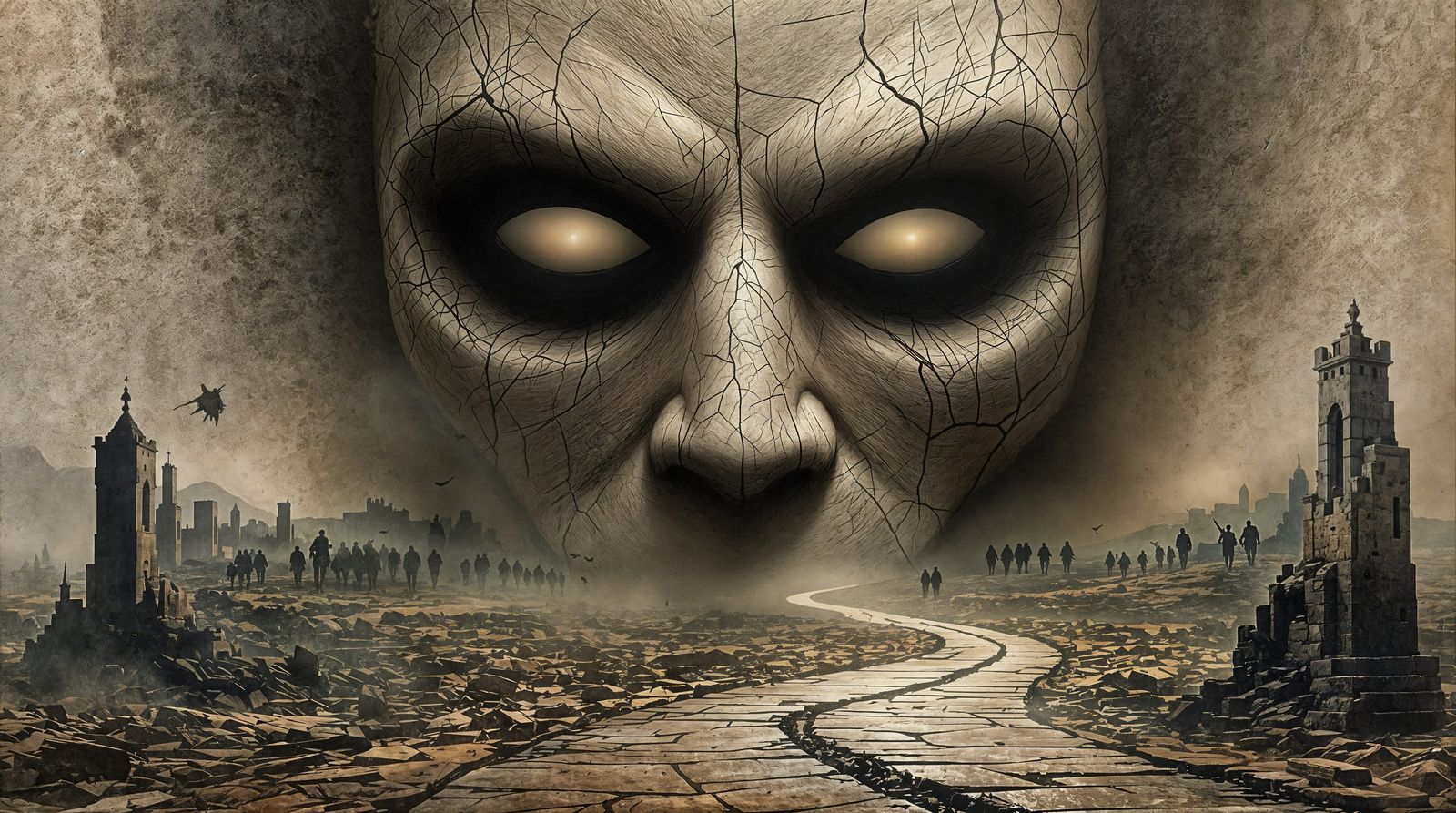 Ancient, Weathered Grandeur in Haunting Surrealism