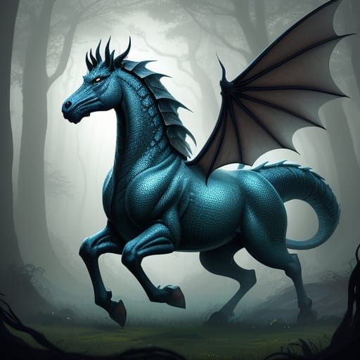 Medieval Fantasy Draconian Horse Rears in Ancient Forest