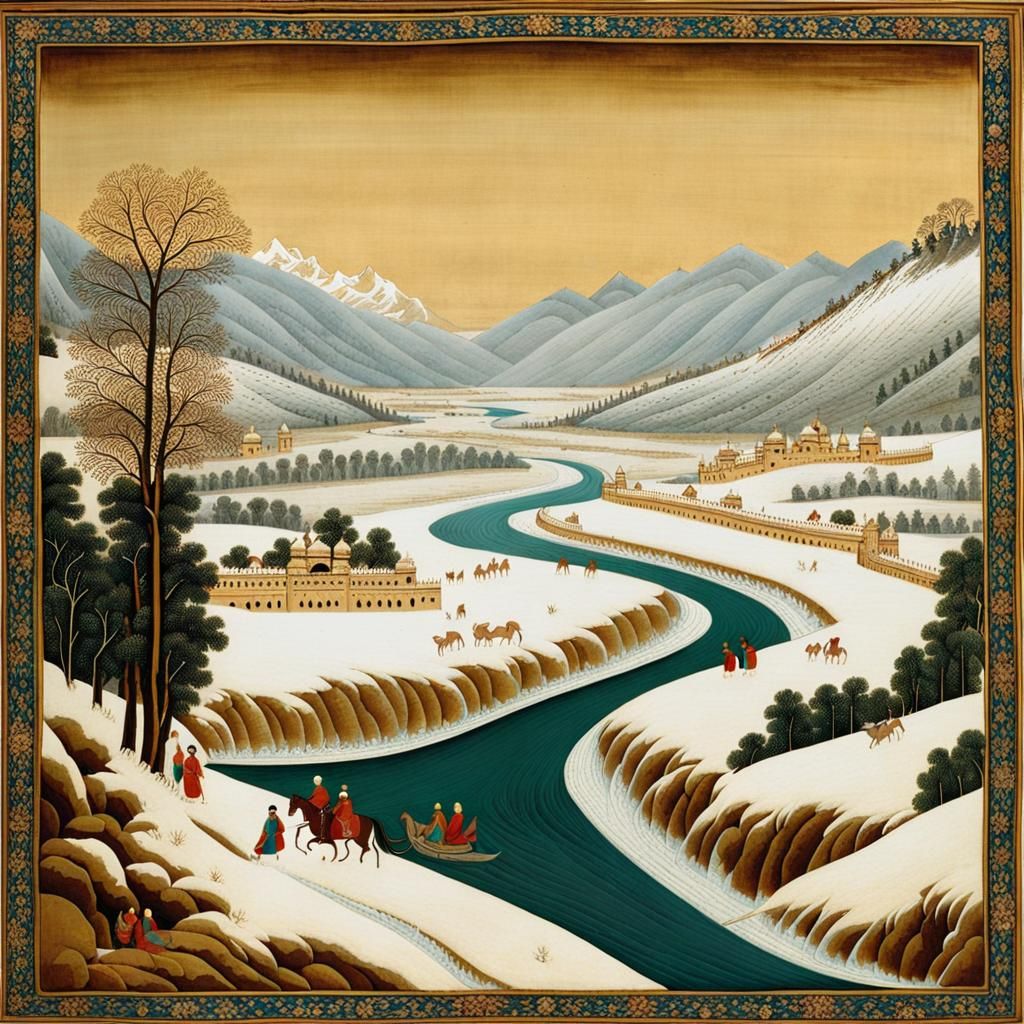 Icy River Landscape with Bridge in Mughal Miniature Art