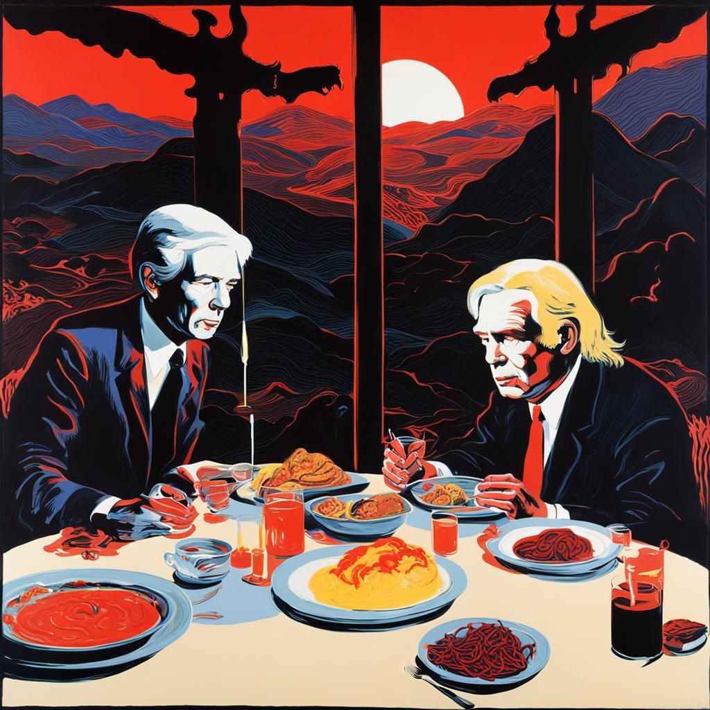 God and Satan's Surreal Dinner: Warhol-esque Canvas
