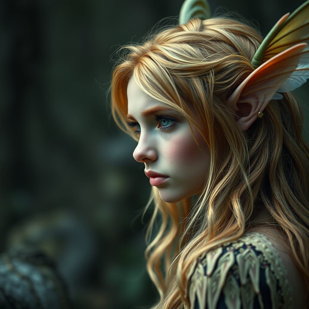 Realistic Elf Maiden with Golden Hair in Mystical HDR Enviro...