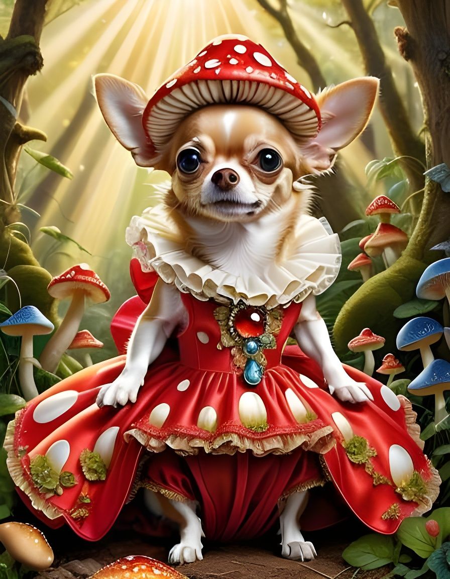 Chihuahua in Mushroom Dior Gown, Detailed Art