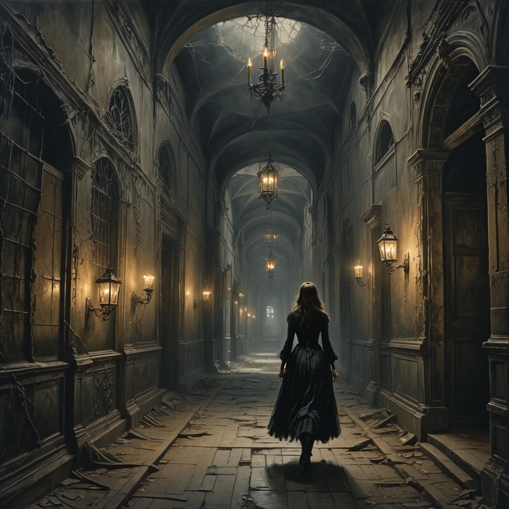 Girl in Dark Hallway: Gothic Horror Art