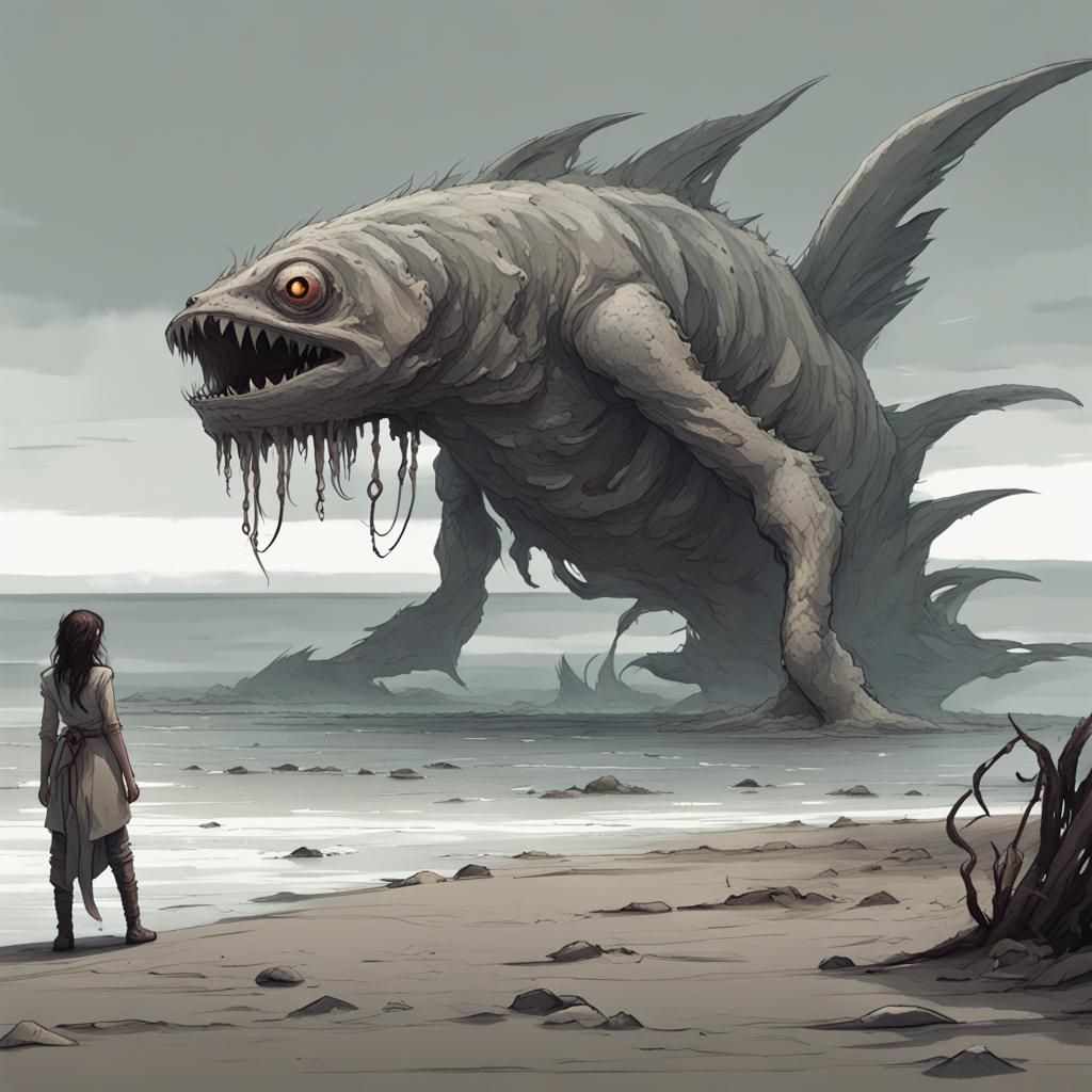 Fish-Monster Stalks Victim on Desolate Shore
