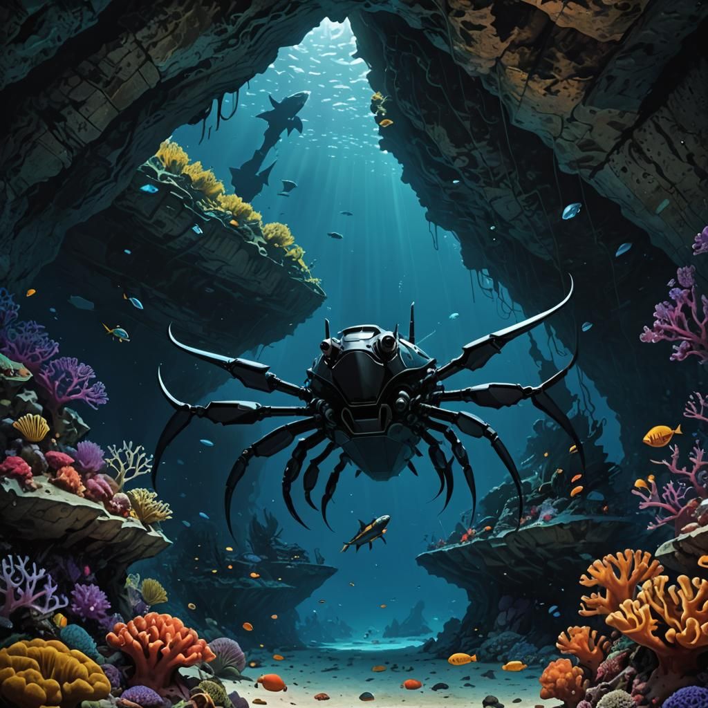 Futuristic Underwater Scene: Falcon and Crab Submarines