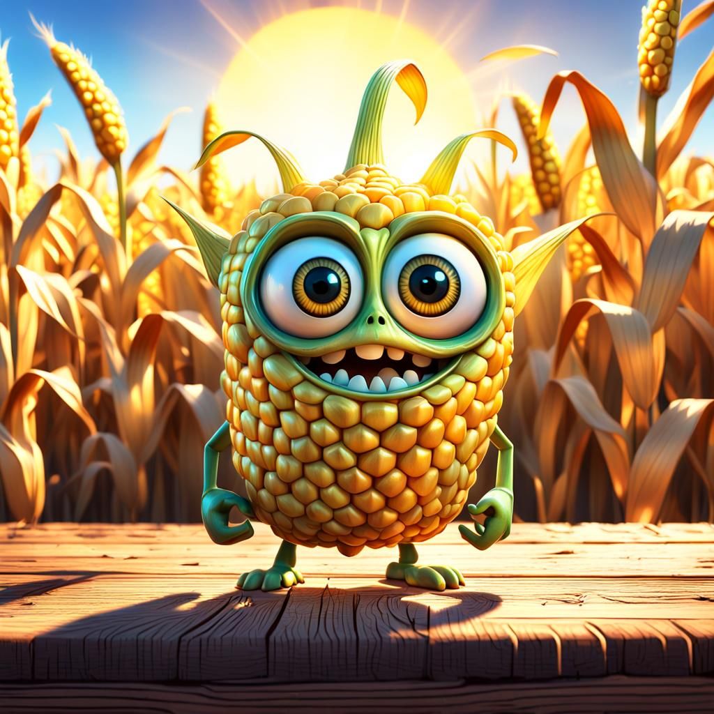 Grumpy Corncob Creature in Sunlit Cornfield