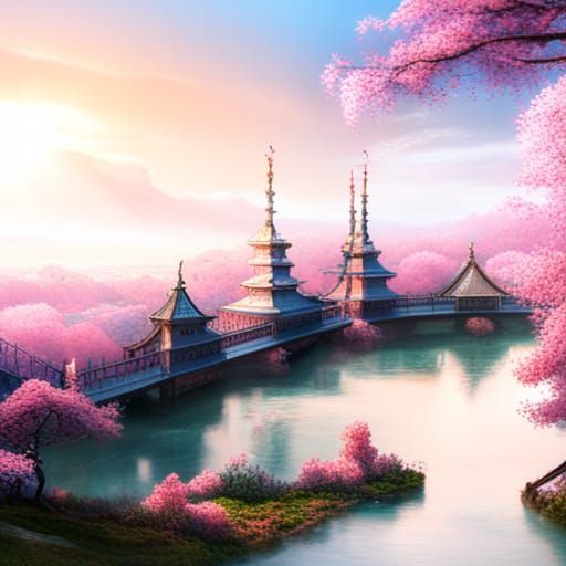 Sakura and Bridge in Romantic Style