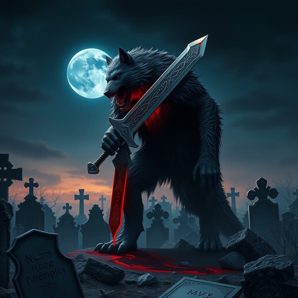 Gothic Werewolf Stands Vigilant in Armaguido Cemetery, Sword...