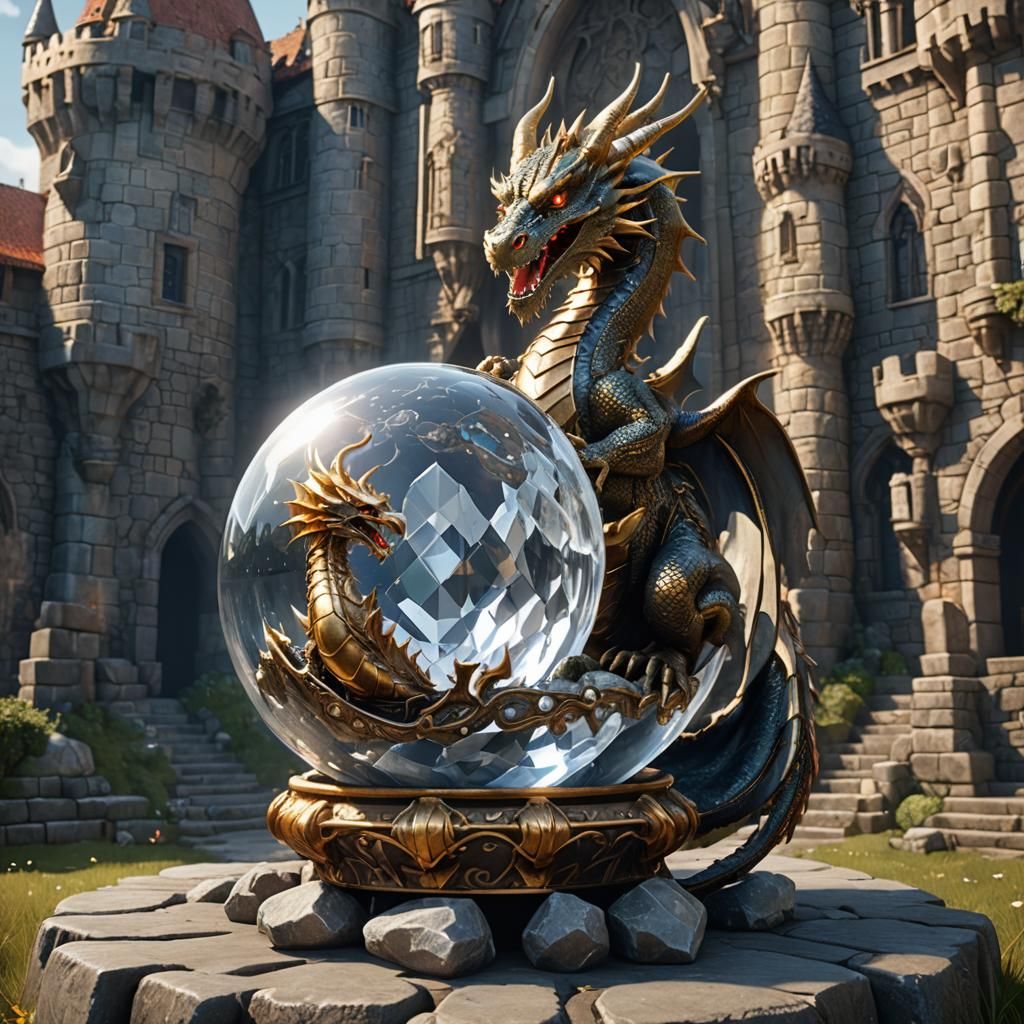 Dragon on Crystal Ball with Castle: 3D Render