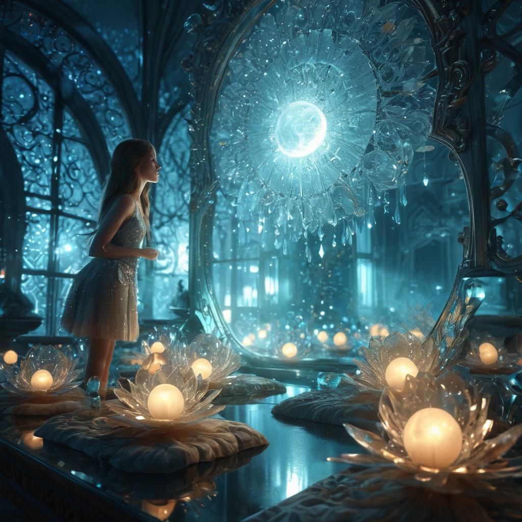 Crystal Girl in Mirrored Room: Hyper-Realistic Digital Art