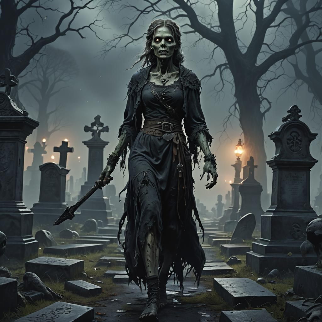Zombie in Haunted Cemetery: Dark Gothic Oil Painting