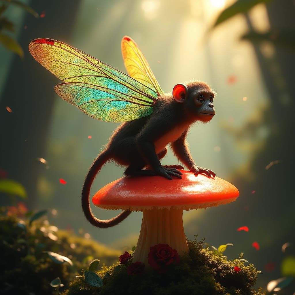 Mystical Monkey-Dragonfly Sits on Glowing Mushroom