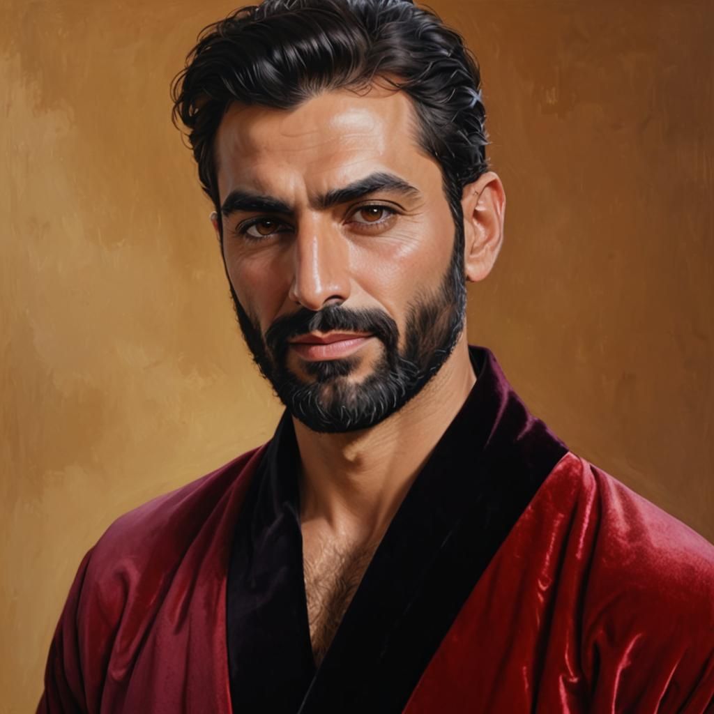 Man in Red Velvet Robe: Vivid Oil Painting