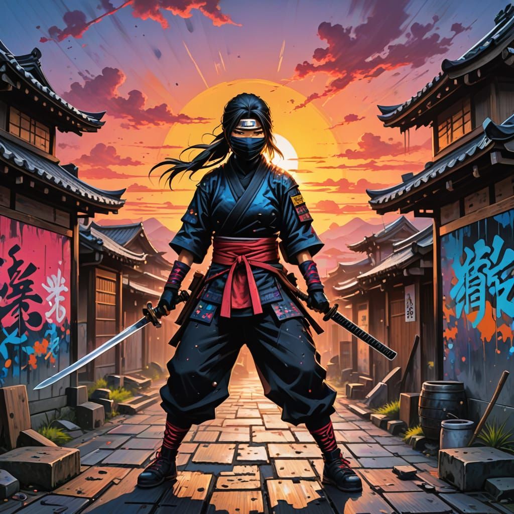 Ninja Ready for Battle in Graffiti Art Style