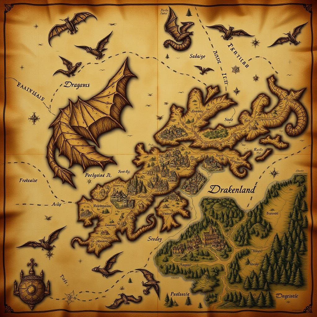 17th Century Map of Enchanted Drakenland with Whimsical Drag...