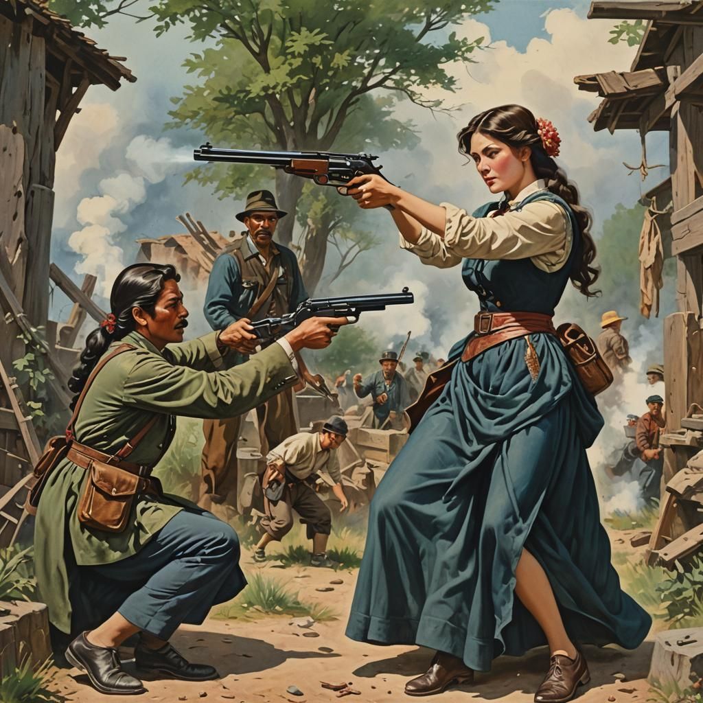 Woman Shoots Man: Full Color Action Scene