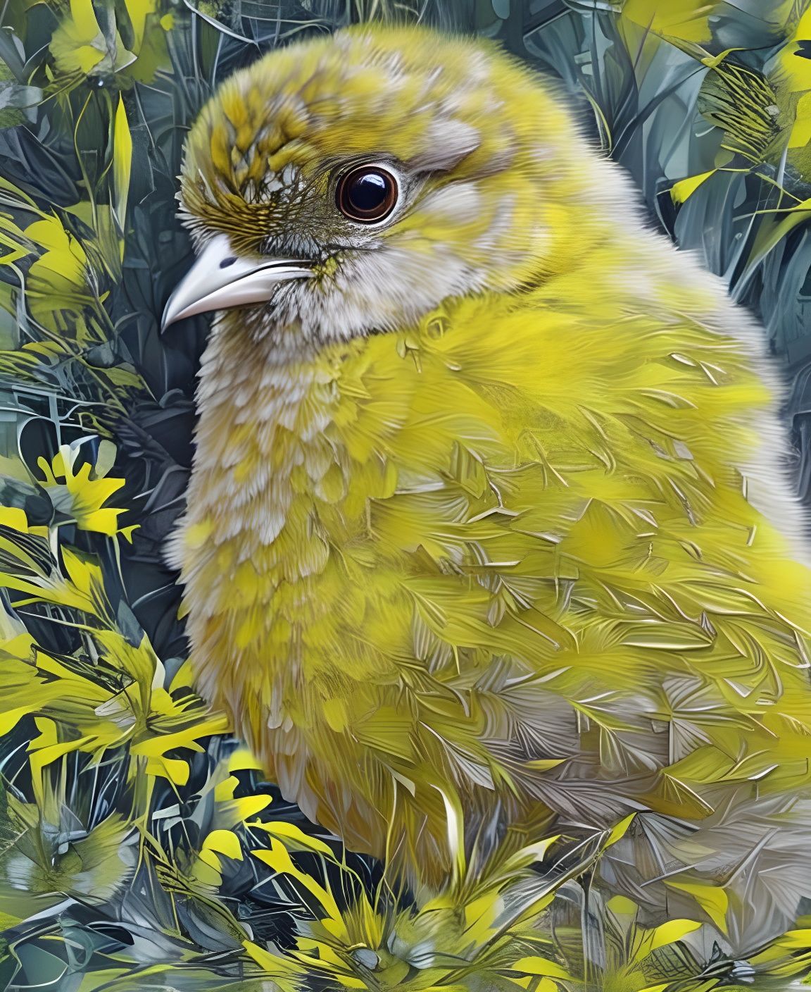 Fluffy Yellow Chick Portrait in a Blooming Garden