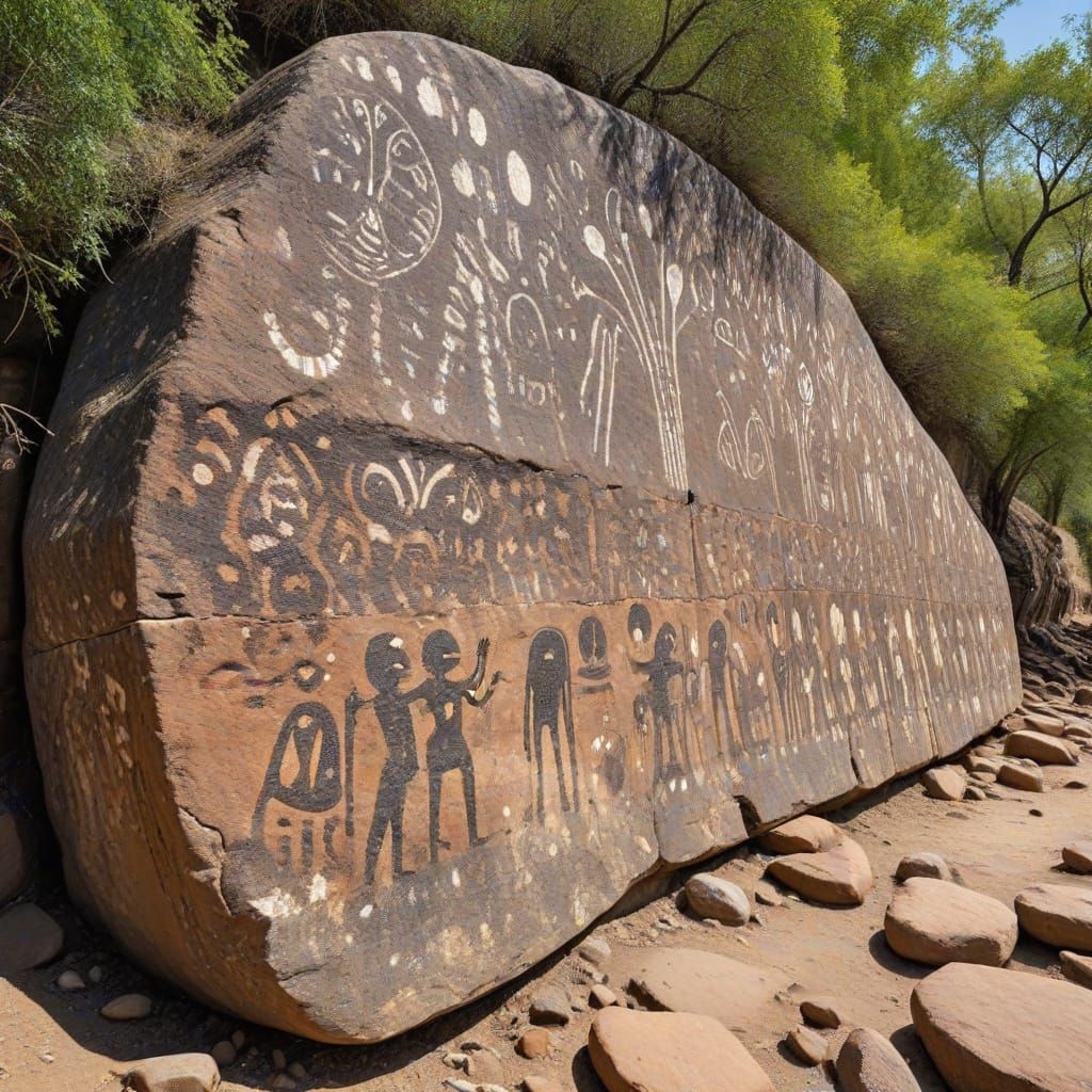 Ancient Stone Wall with Alien Petroglyphs