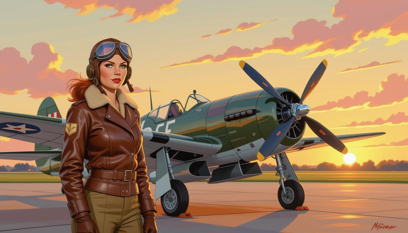Ginger Aviator Beside Thunderbolt Fighter Plane at Sunrise