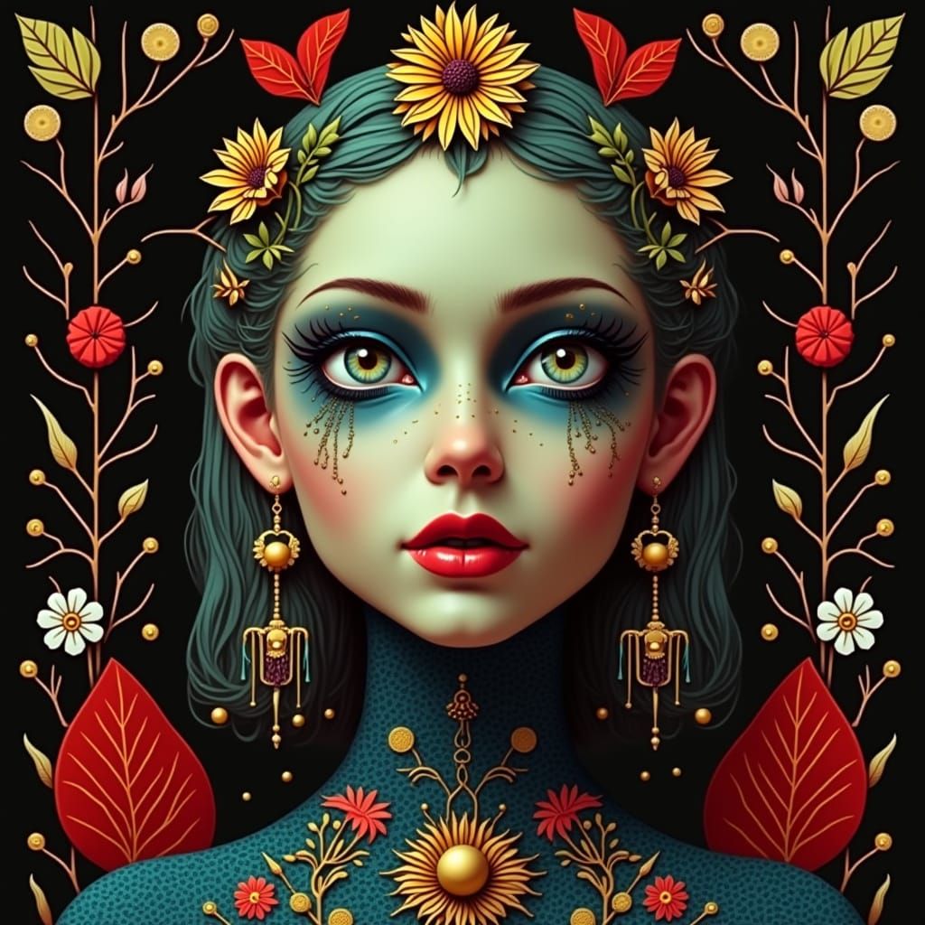 Surreal Figure with Teal Hair and Yellow Flower in Book of K...