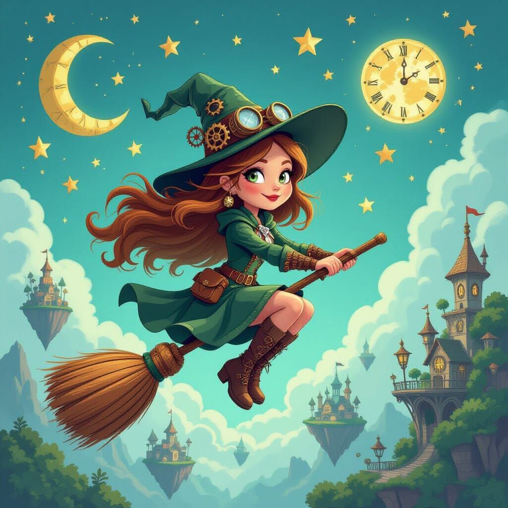 Steampunk Witch Flying a Clockwork Broomstick