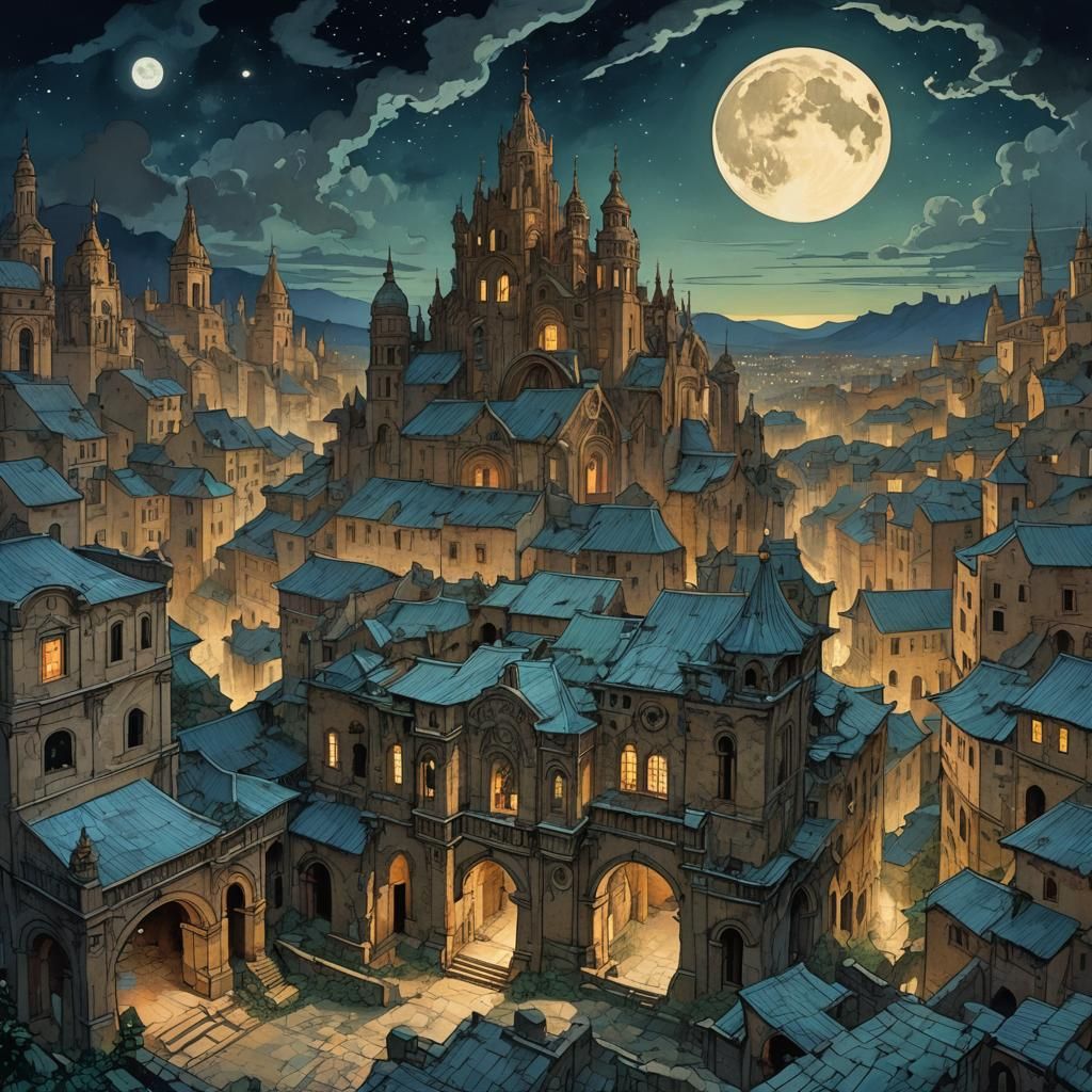 Ruined City Under Moonlight: Art Nouveau Illustration