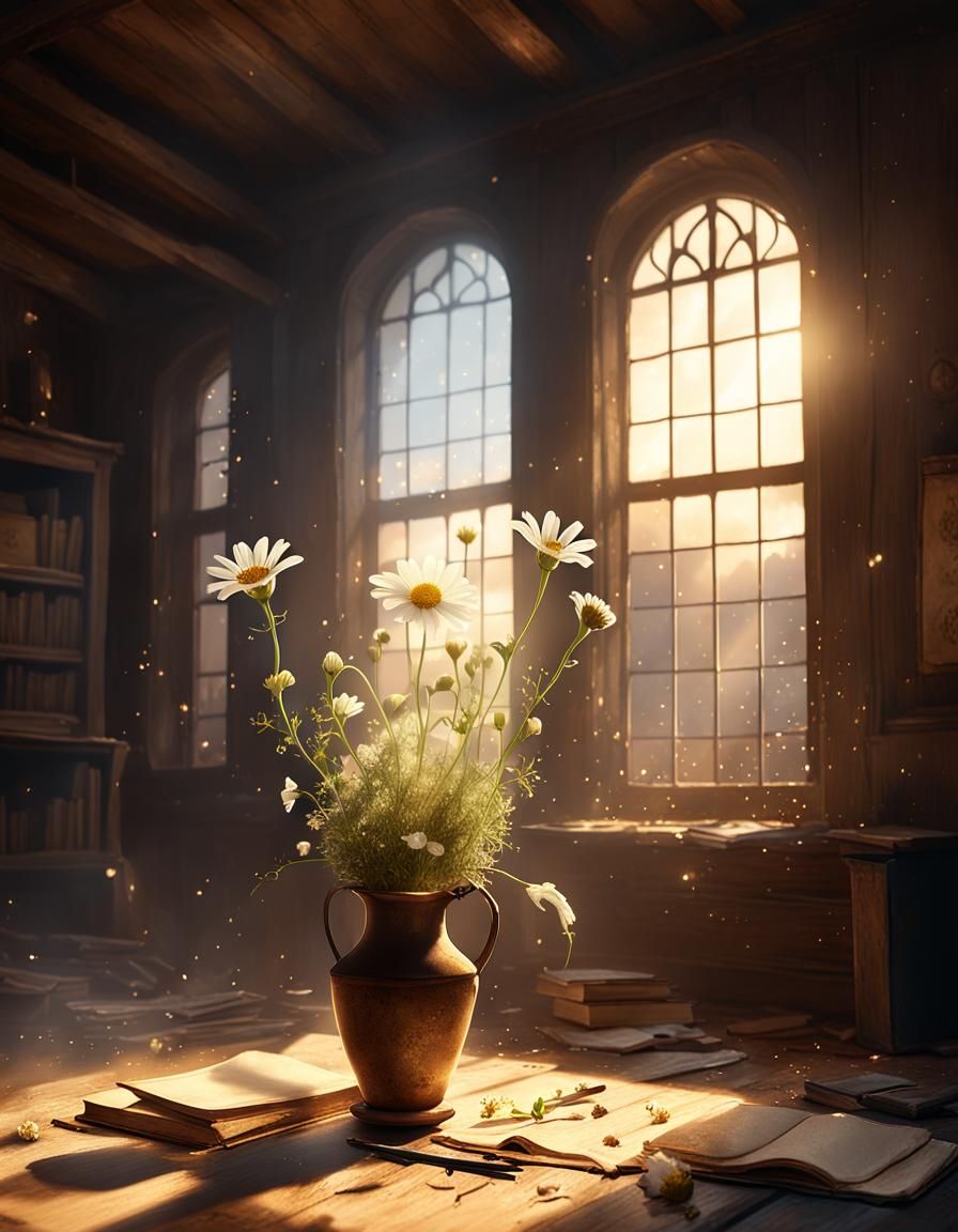 White Wildflower Blooms in Dusty Attic Sketchbook