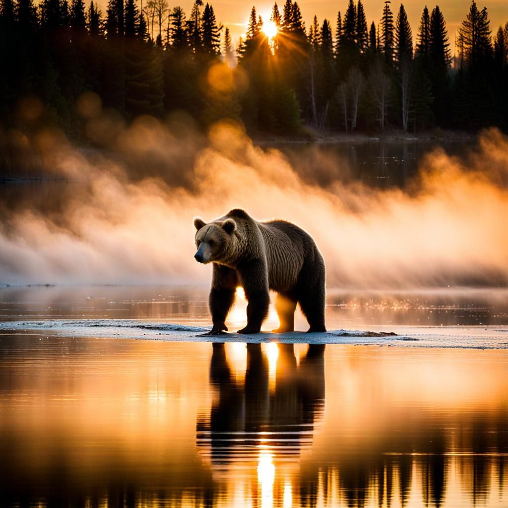 Bear in Fog Standing on Water