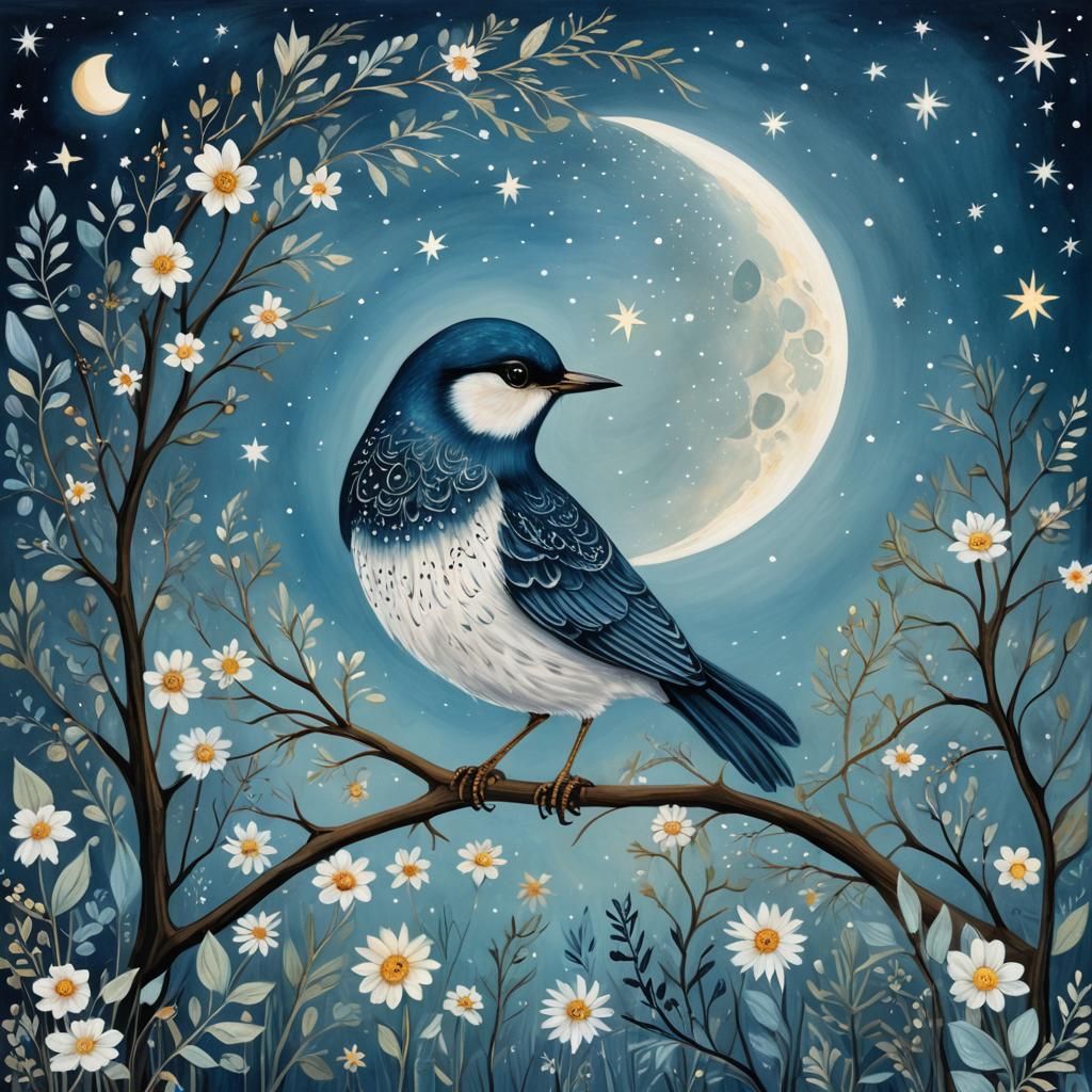 Boho Night Landscape with Bird and Sparkling Stars