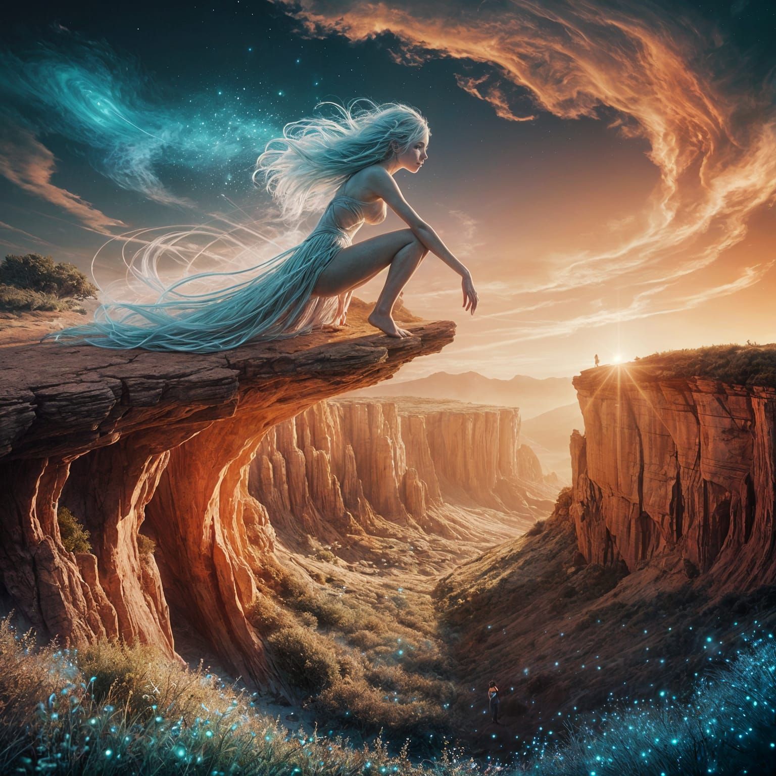 Moonchild on Ochre Cliff in Dreamlike Setting